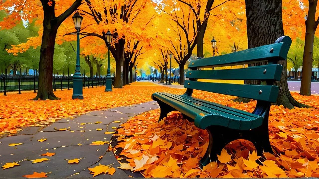 Autumn Park Scene with Bench and Colorful Foliage