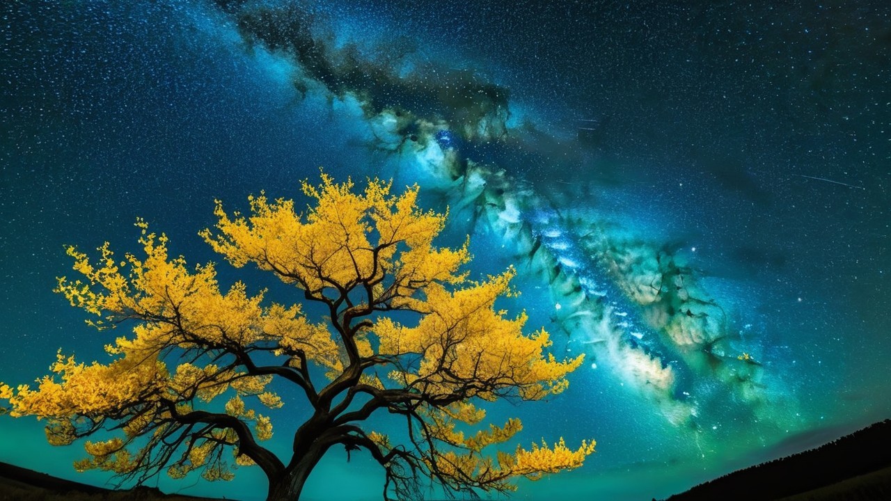 Majestic tree with yellow leaves under starry sky
