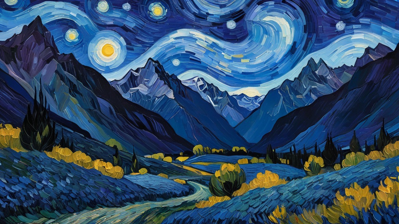 Vibrant Night Sky with Mountains and Rolling Hills
