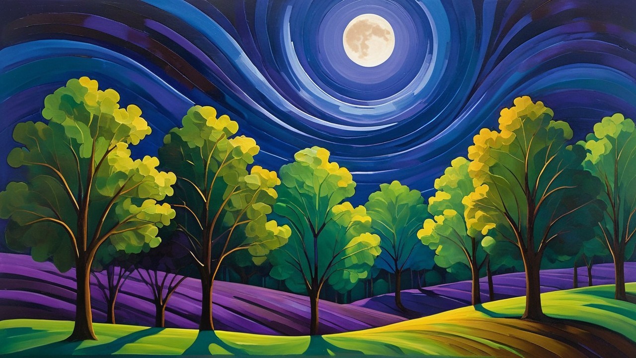 Vibrant Landscape with Glowing Moon and Colorful Sky