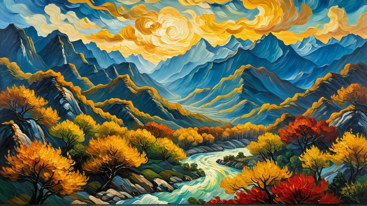 Colorful Landscape with Mountains and Flowing River