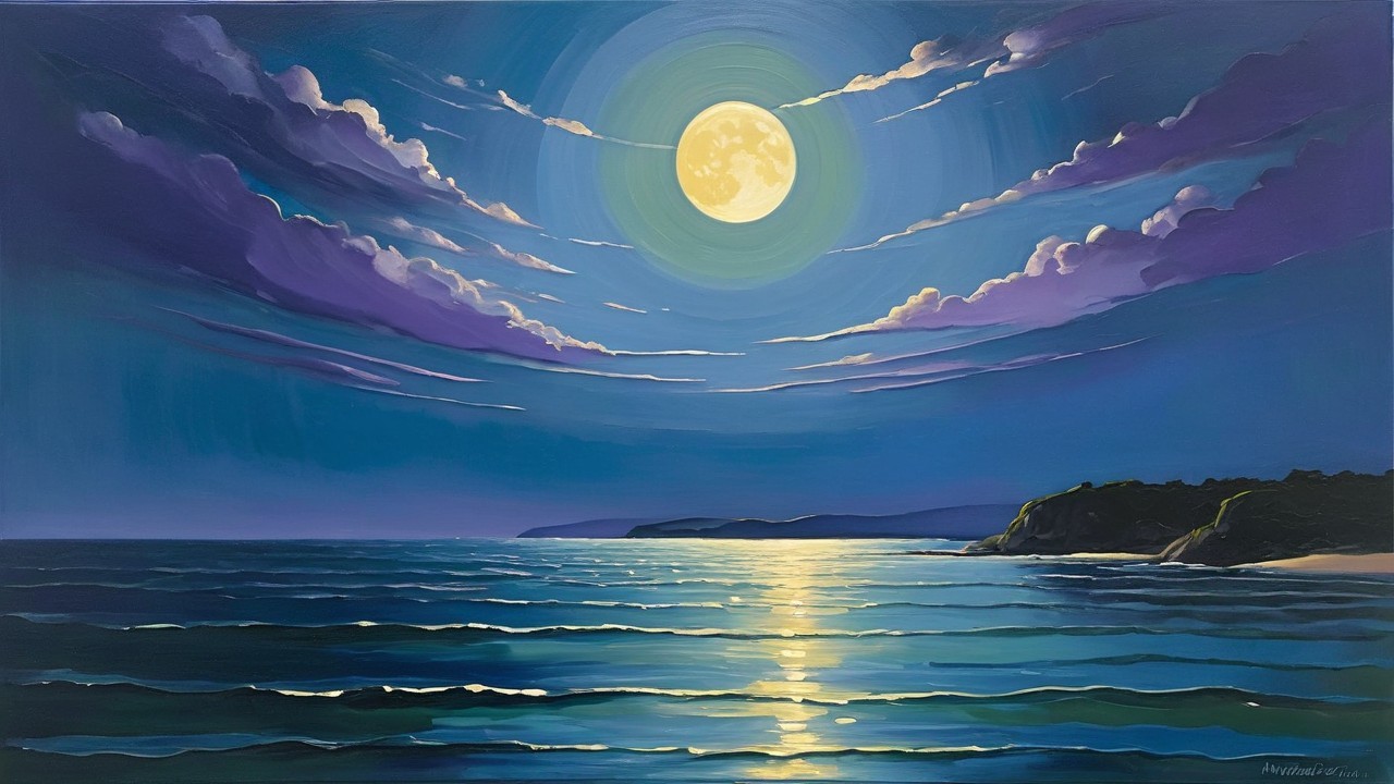 Serene Night Scene with Full Moon Over Ocean Waves