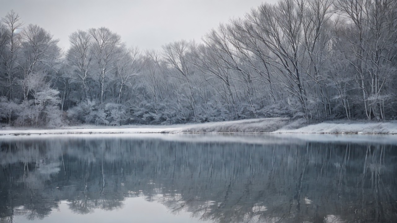 Serene Winter Landscape with Frosted Trees and Water