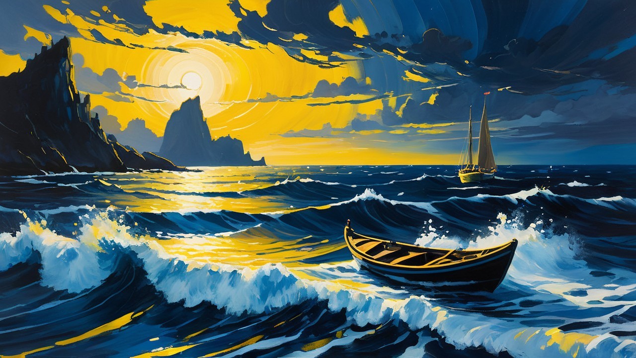 Expressionistic Seascape with Waves and Sunset Colors