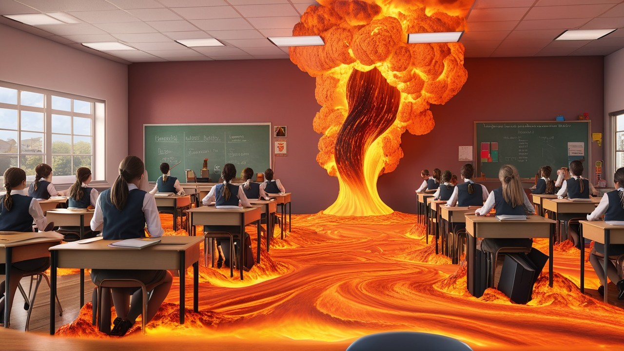 Surreal Classroom Scene with Erupting Lava and Flames