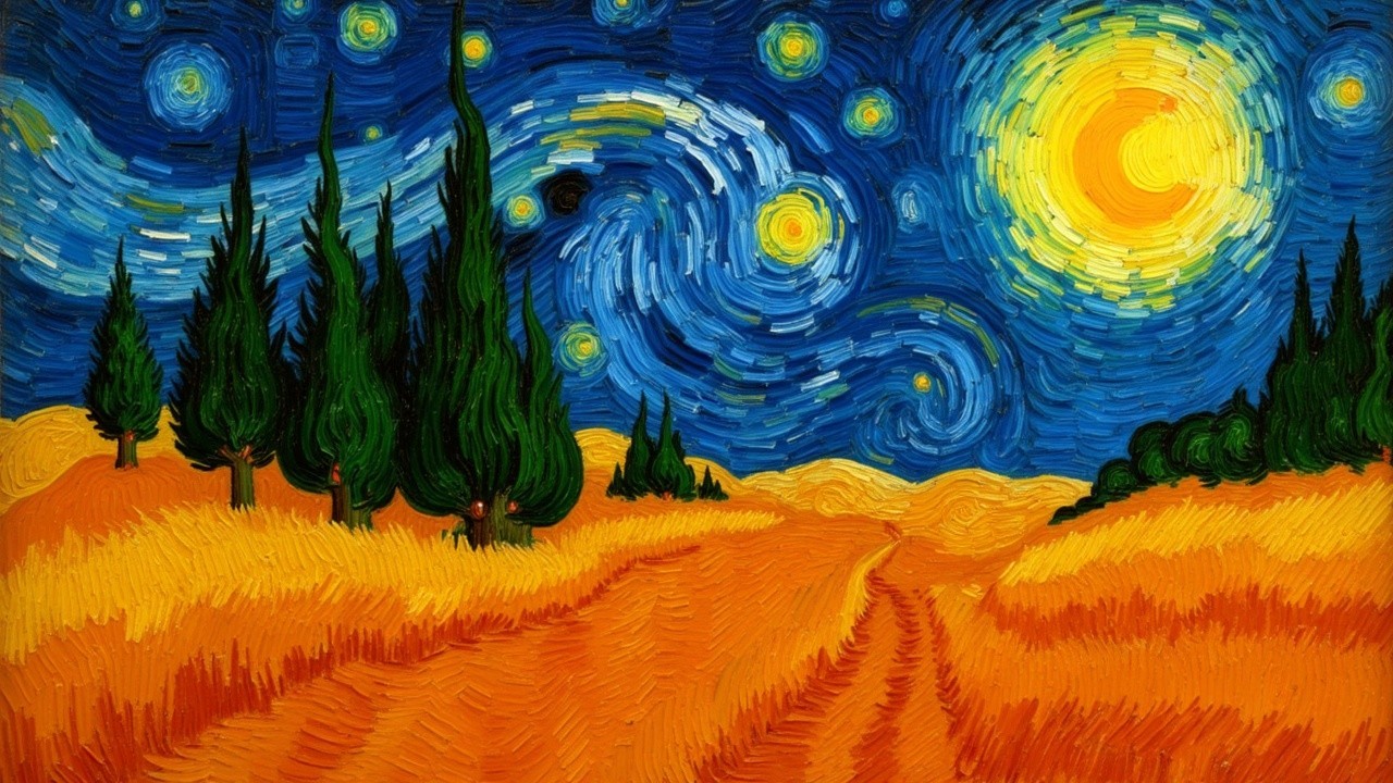 Vibrant Night Sky with Moon and Cypress Trees