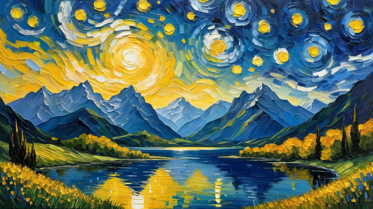 Vibrant Landscape Painting with Blue Skies and Mountains