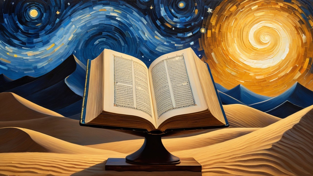 Holy Book on Stand in Desert Twilight Landscape