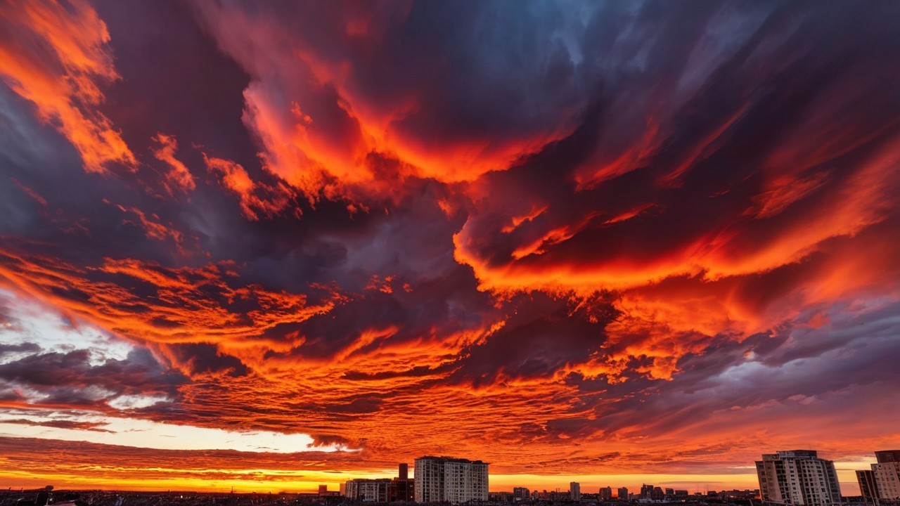 Vibrant Sunset with Dramatic Clouds and City Silhouettes