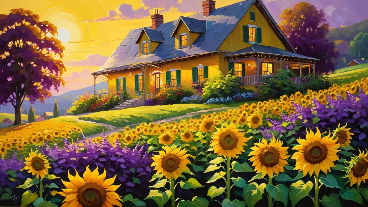 Charming Yellow House on Hill Surrounded by Flowers