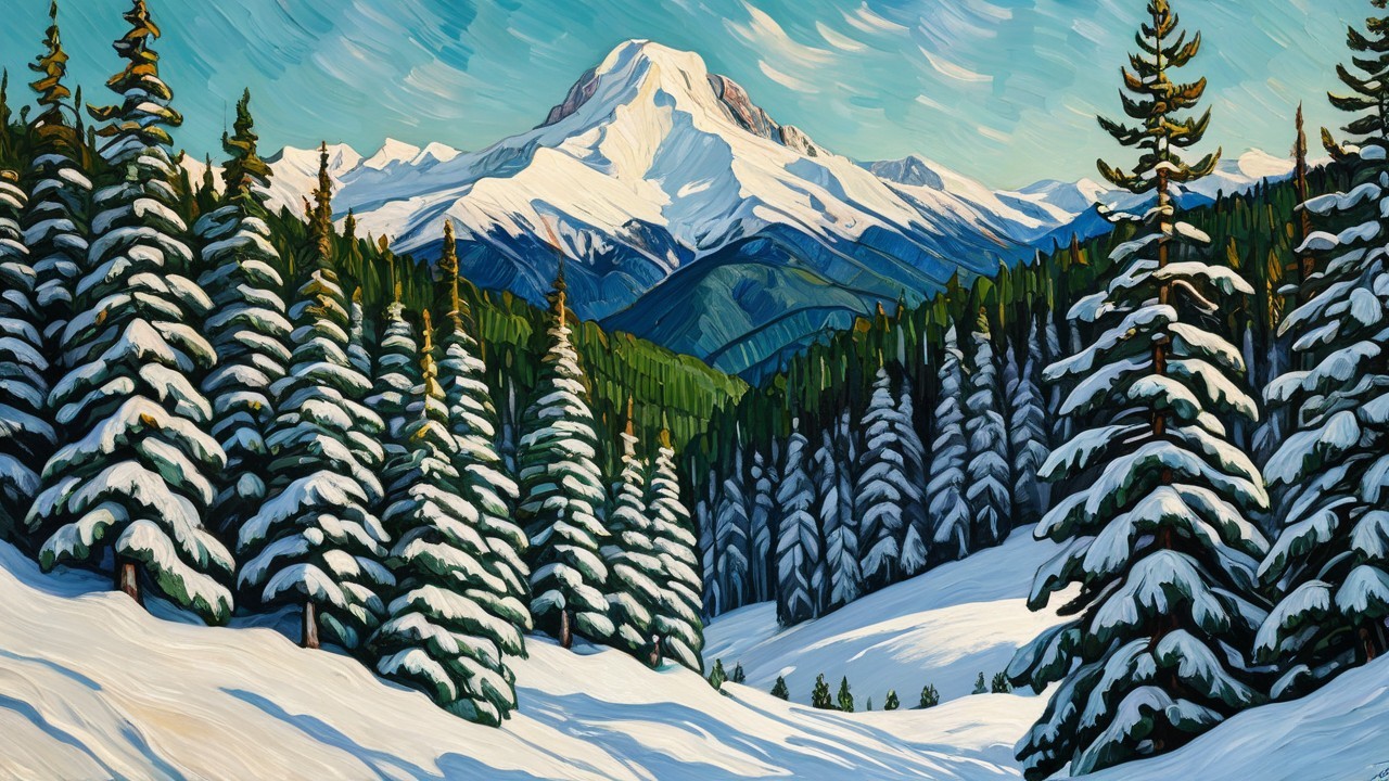 Snow-Capped Mountain in Winter Landscape with Pines