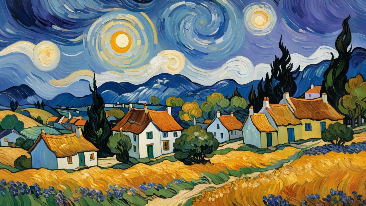 Vibrant village landscape with colorful houses and hills