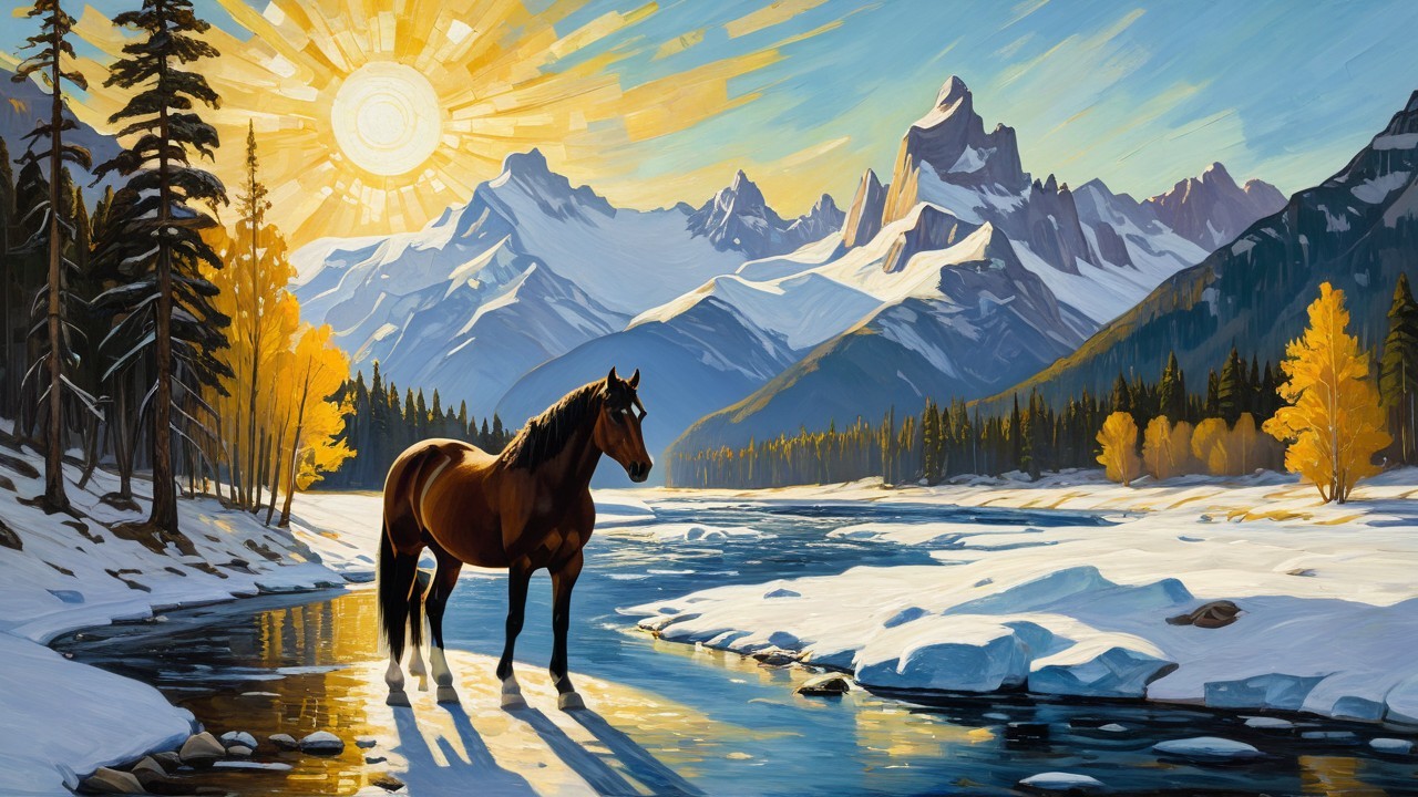 Brown horse in a river with autumn scenery and mountains