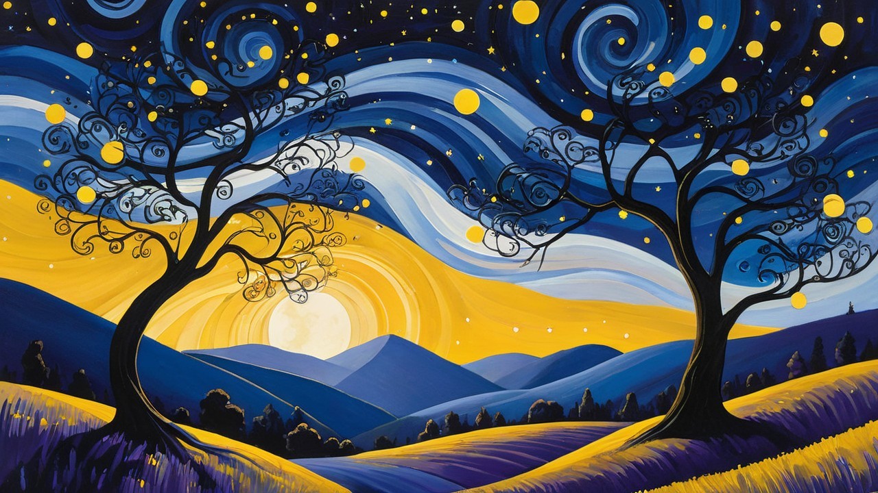 Vibrant Landscape with Stylized Trees and Sky Elements