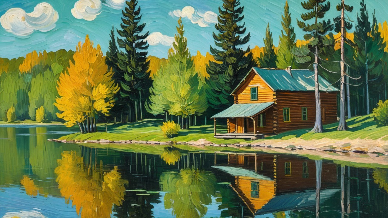 Rustic log cabin by serene lake in autumn scenery