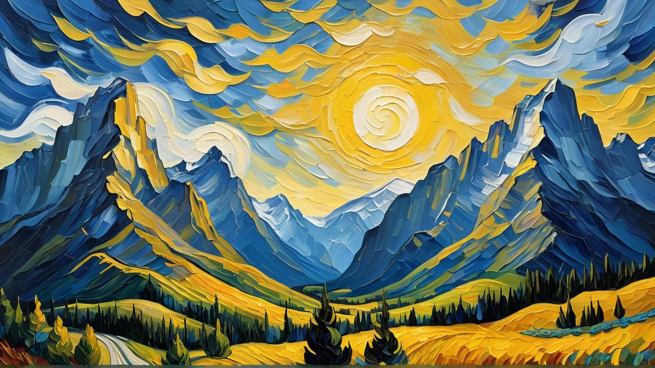 Vibrant Mountain Landscape with Swirling Sun