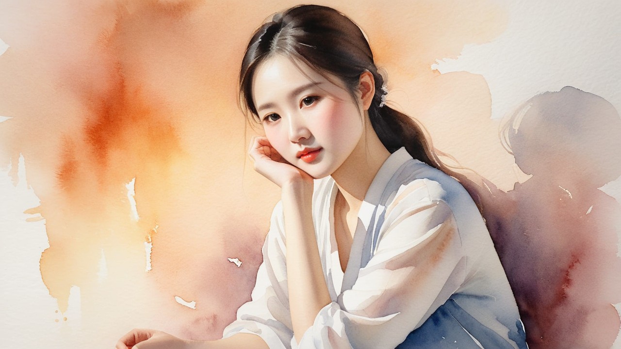 Serene Portrait of a Young Woman with Watercolor Background