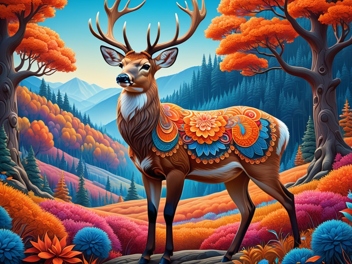Majestic deer in vibrant autumn landscape with mountains