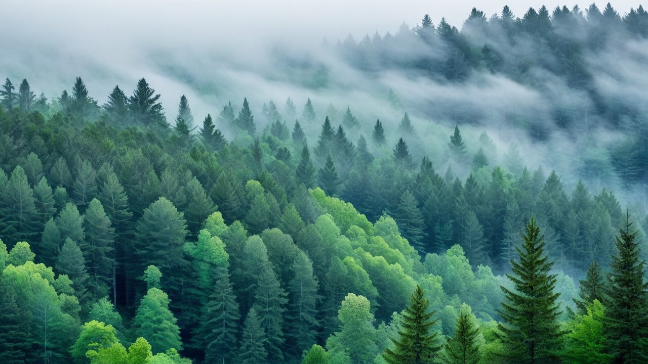Serene Forest Landscape with Lush Green Trees and Fog