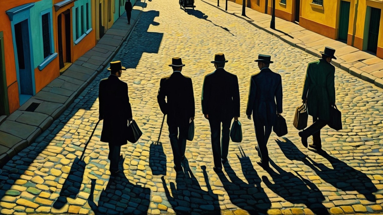 Five Men in Formal Attire on Cobblestone Street