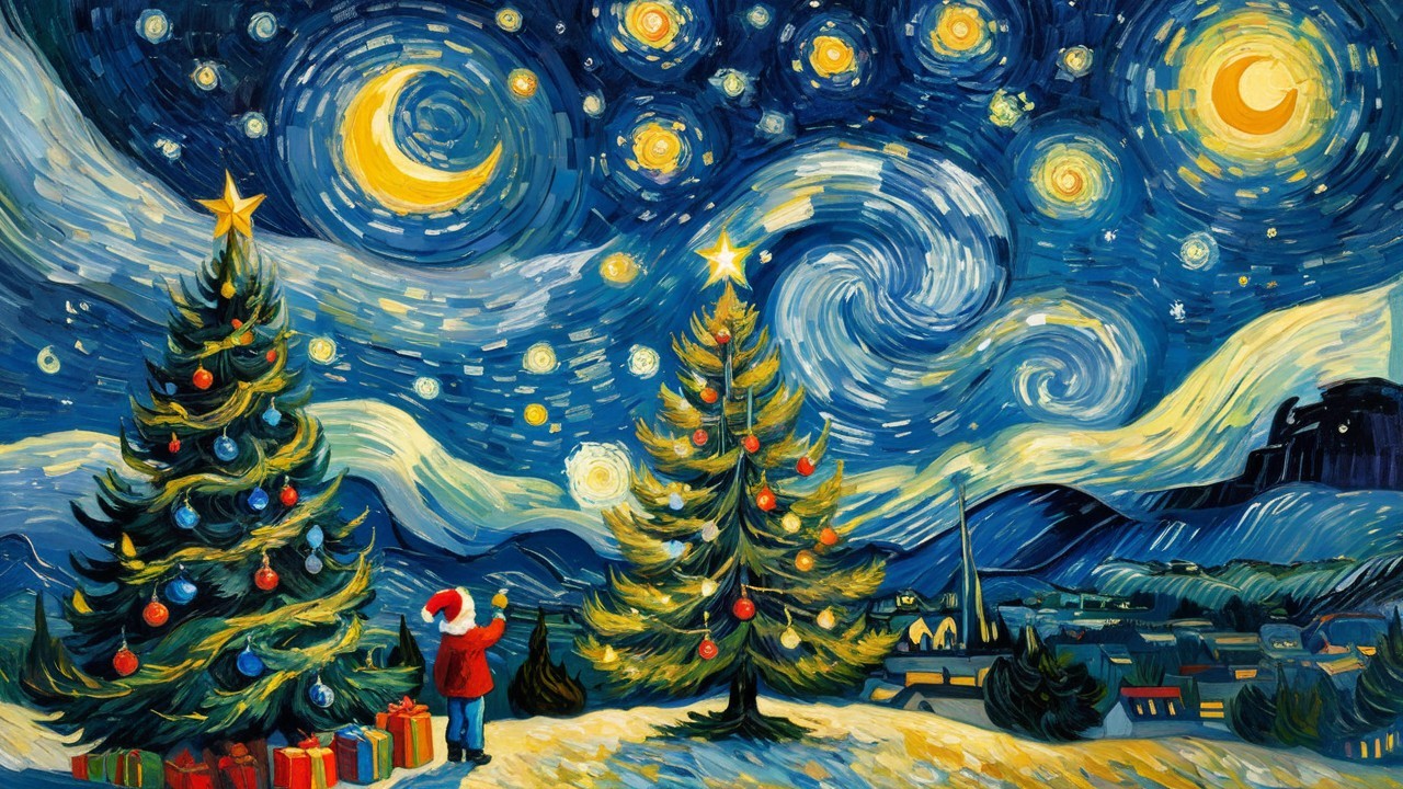 Impressionistic Christmas Scene with Bright Trees