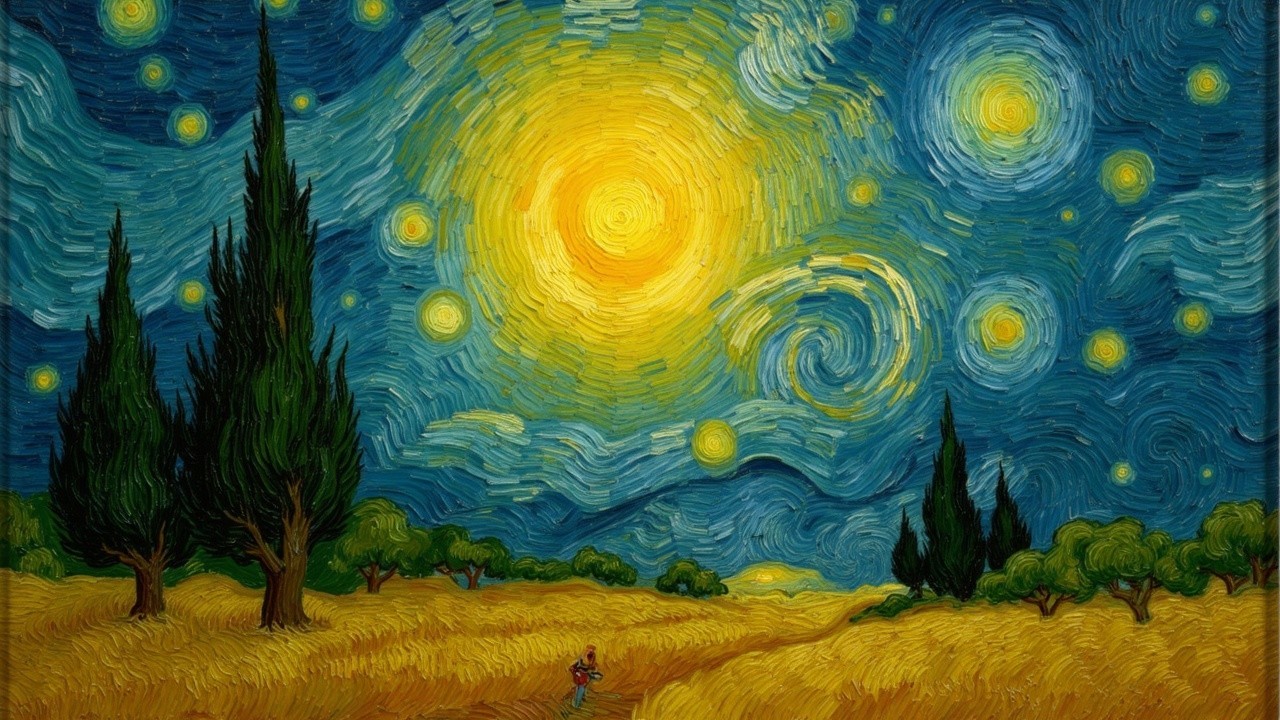 Vibrant Night Sky with Wheat Field and Cypress Trees