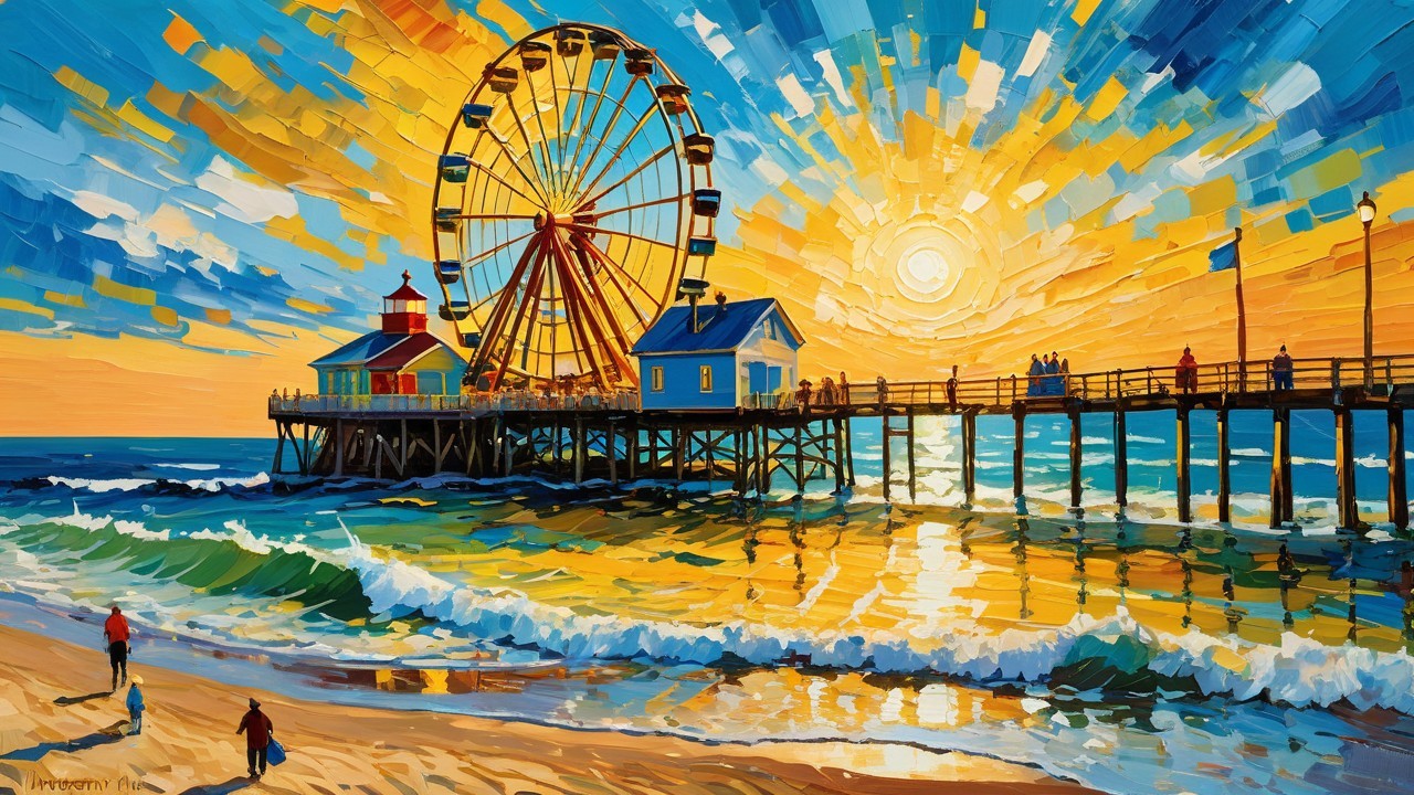 Vibrant Seaside Scene with Sunset and Ferris Wheel