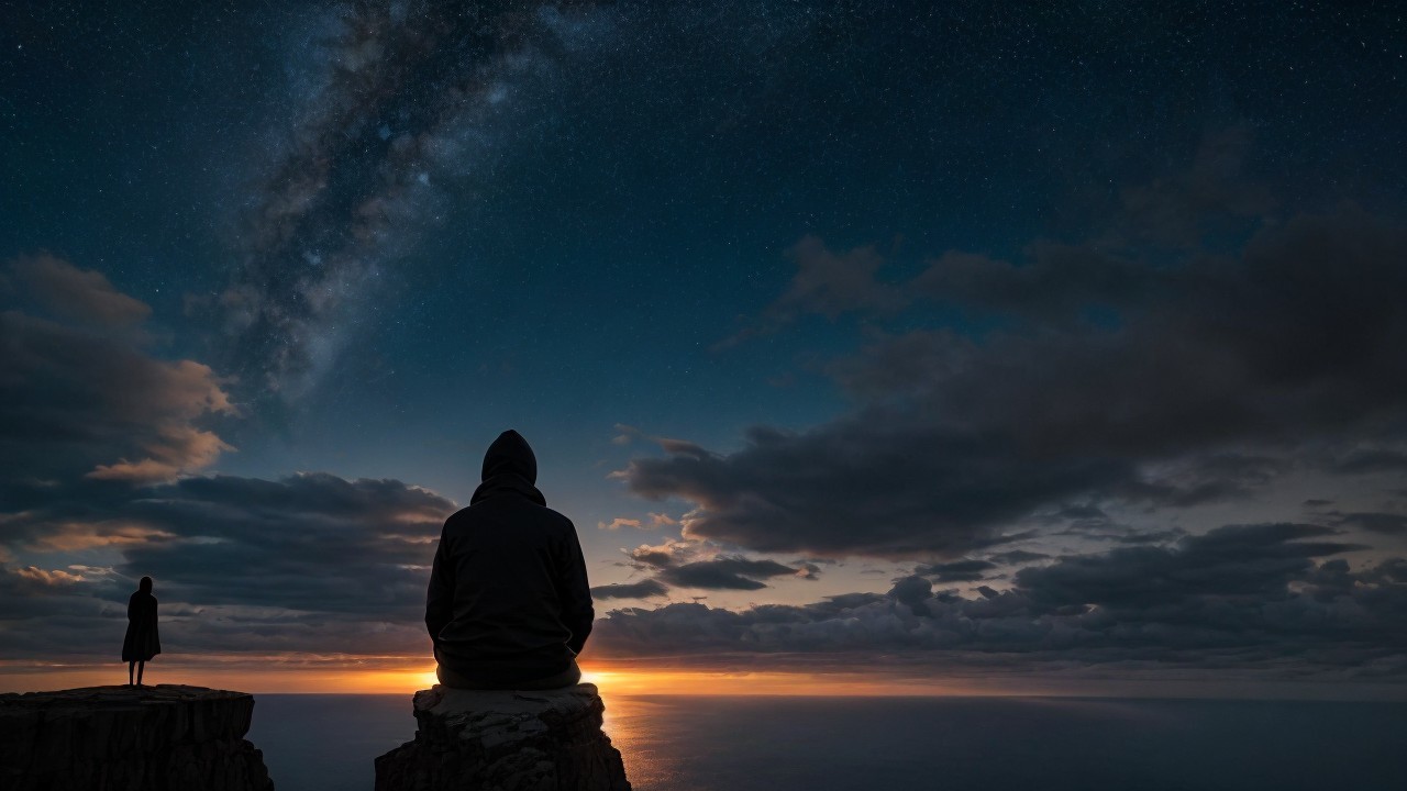 Silhouetted Figures Against Twilight Sky and Milky Way