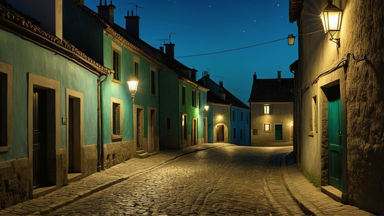 Tranquil Cobblestone Street at Night in a Village