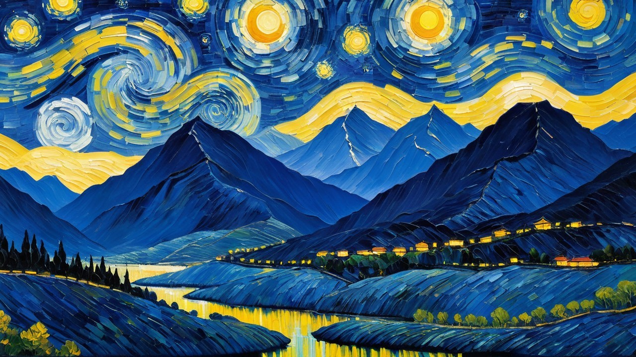 Impressionistic Night Landscape with River and Village