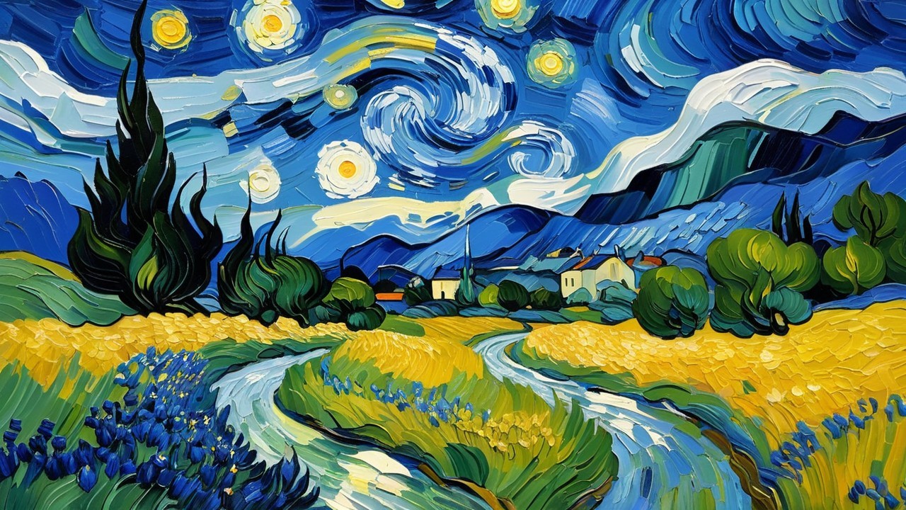 Impressionistic Nighttime Painting of Starry Landscape