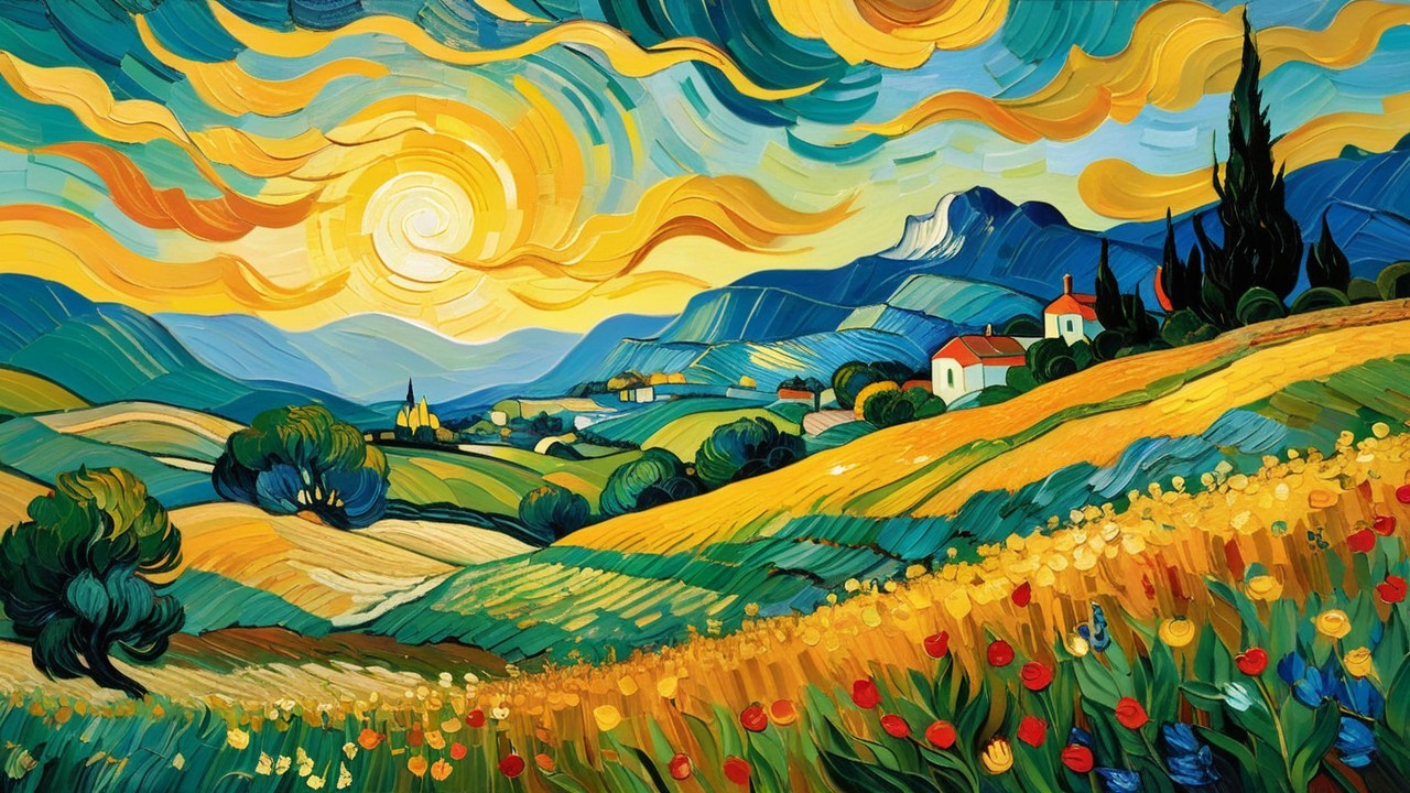 Vibrant Landscape with Rolling Hills and Blooming Flowers