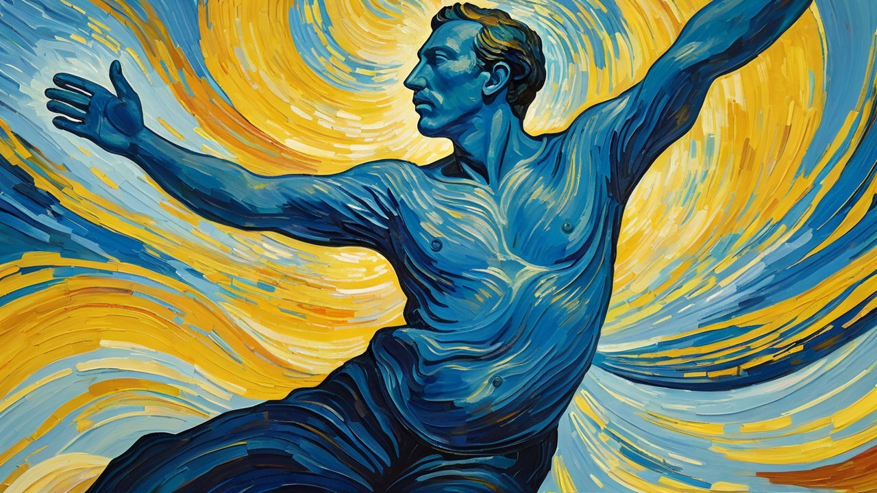 Muscular Figure in Blue Against Vibrant Swirl Background