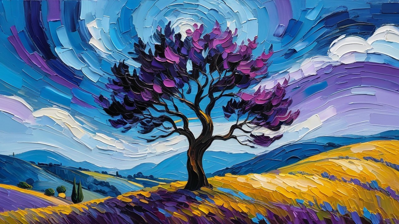Vibrant Landscape with Majestic Purple Tree and Sky