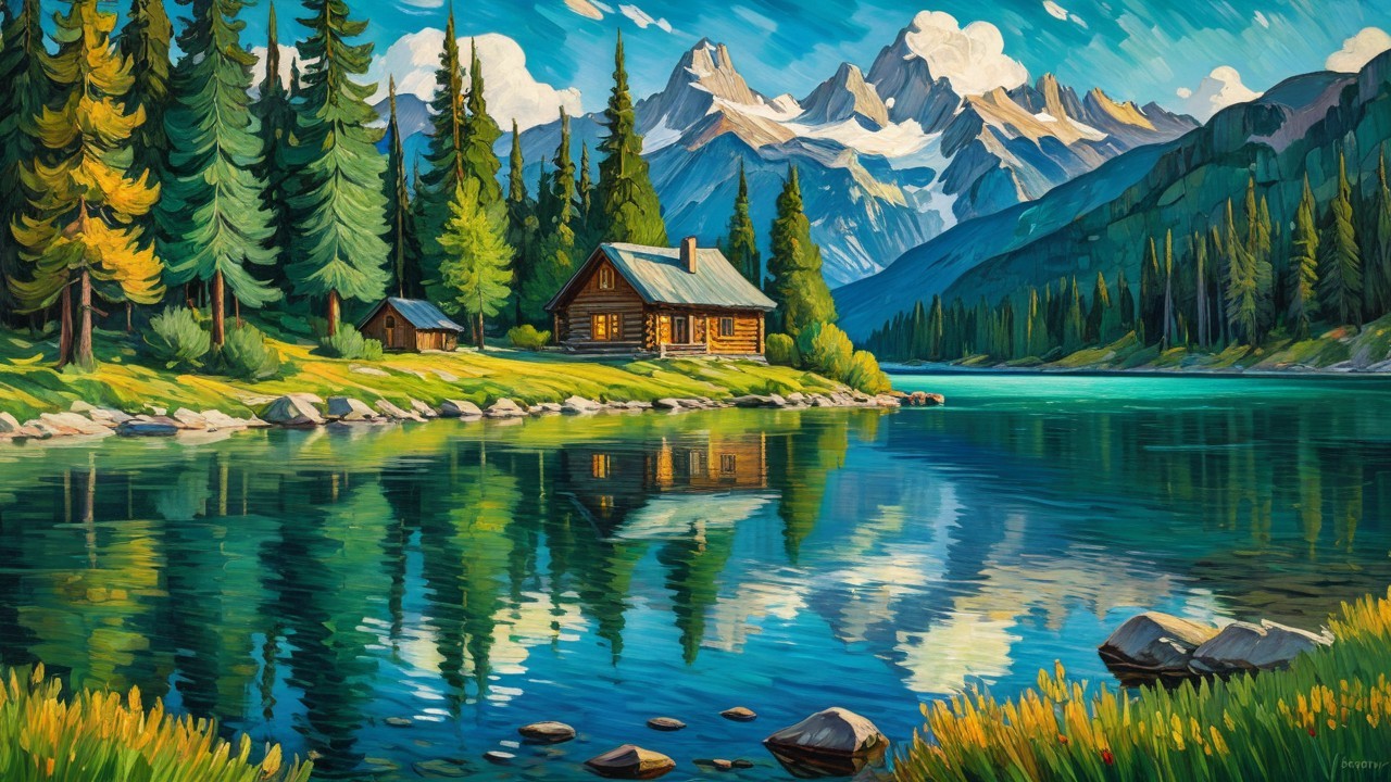 Serene landscape with lake, mountains, and log cabin