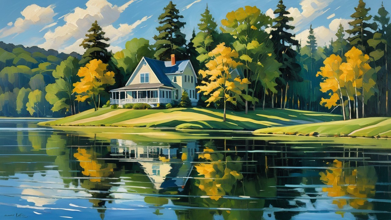 Lakeside Scene with White House and Colorful Foliage