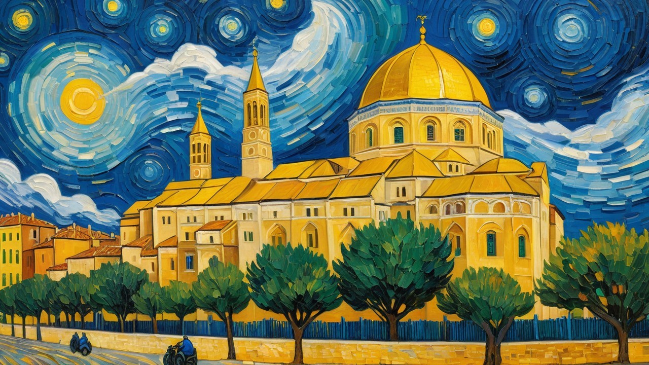 Vibrant Night Sky with Stars and Grand Building