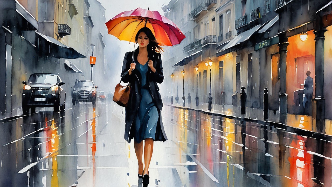 Woman with umbrella walking on a rainy urban street
