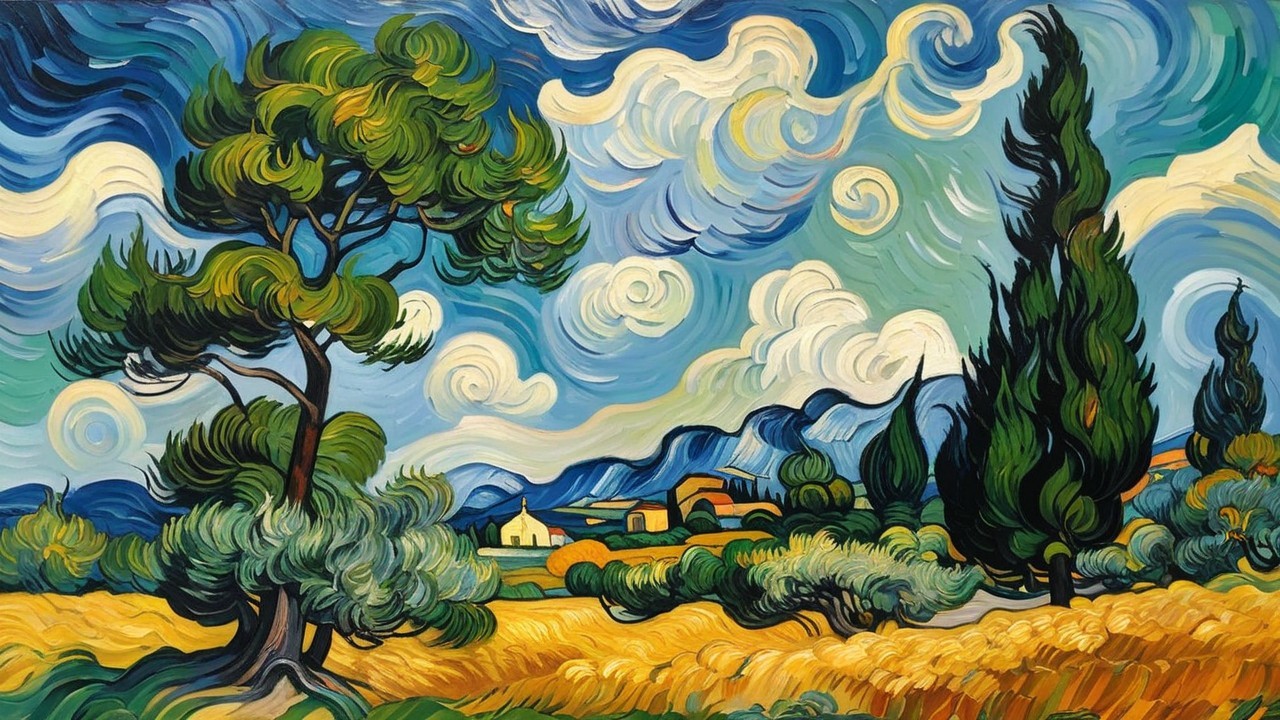 Vibrant Landscape with Pine Tree and Wheat Field