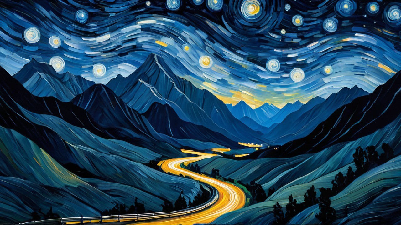 Impressionistic Nighttime Mountain Landscape with Stars