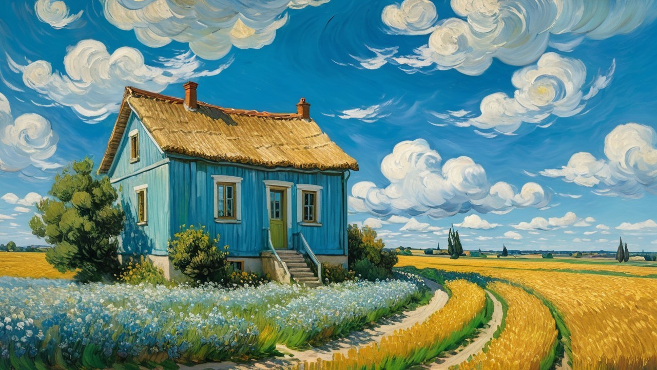 Charming Blue Cottage Surrounded by Vibrant Fields