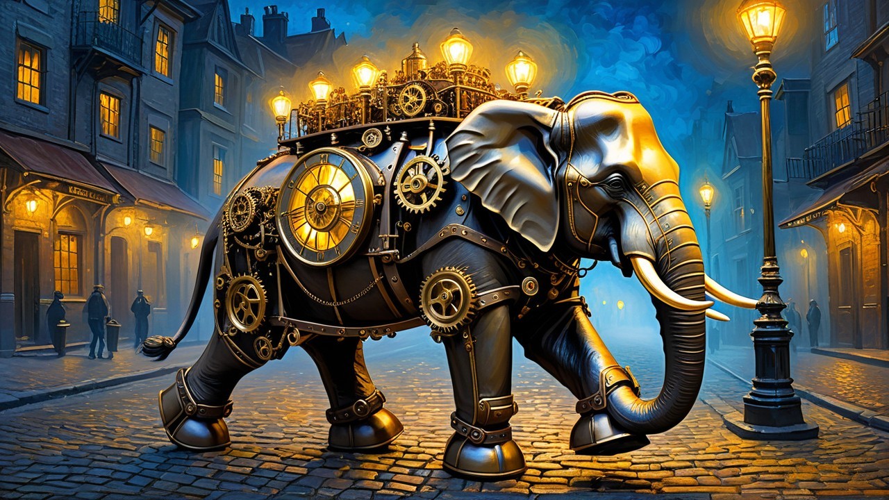 Steampunk Elephant on Cobblestone Street at Night