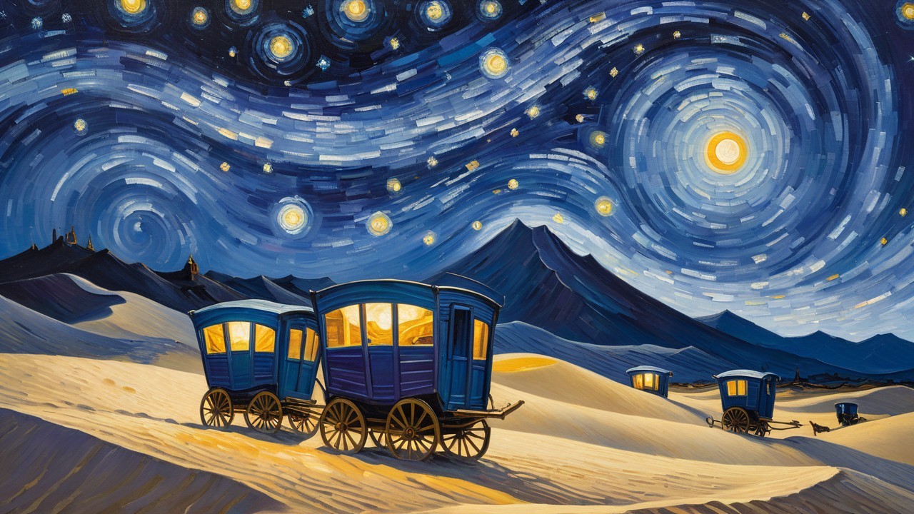 Starry Night Sky with Whimsical Carriages and Mountains