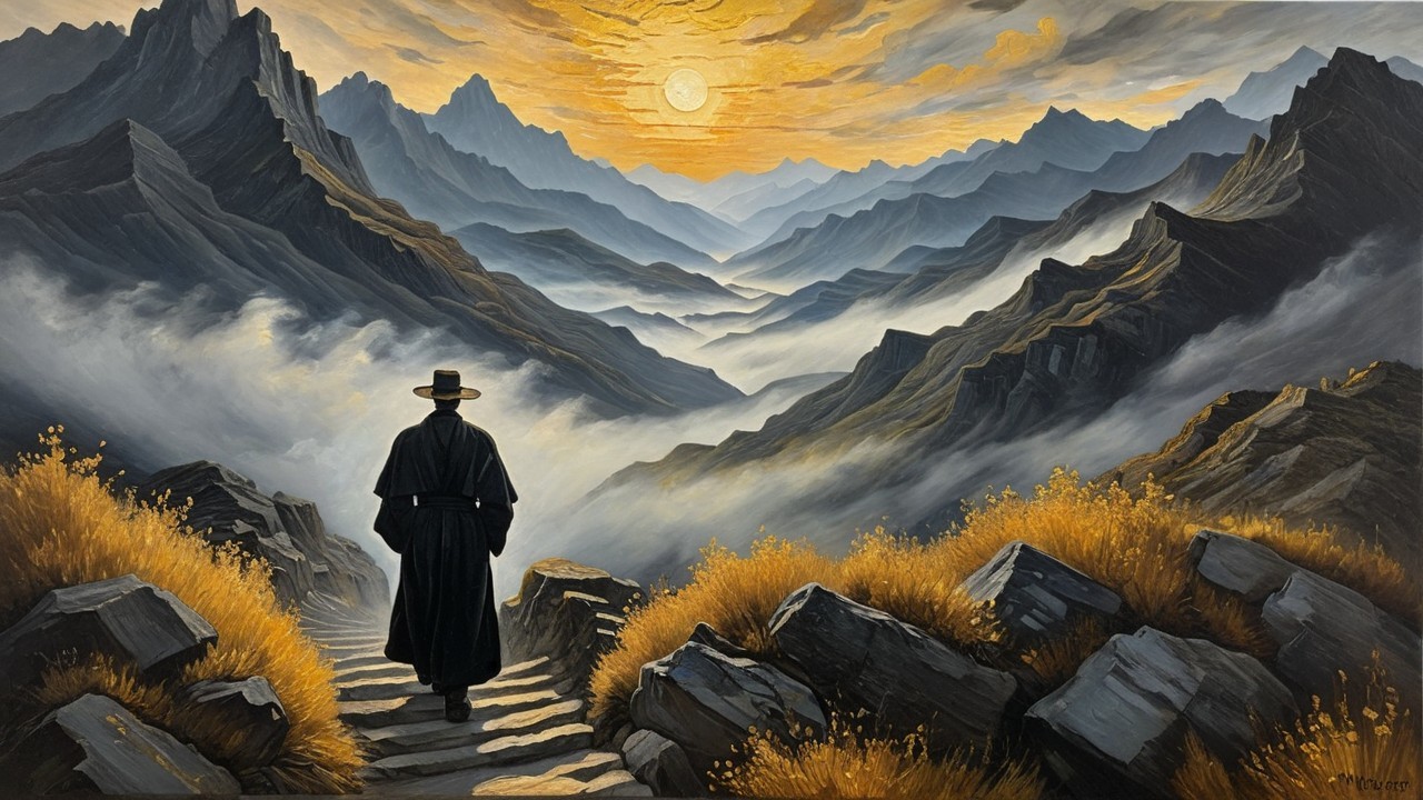 Lone Figure on Winding Path in Majestic Mountains