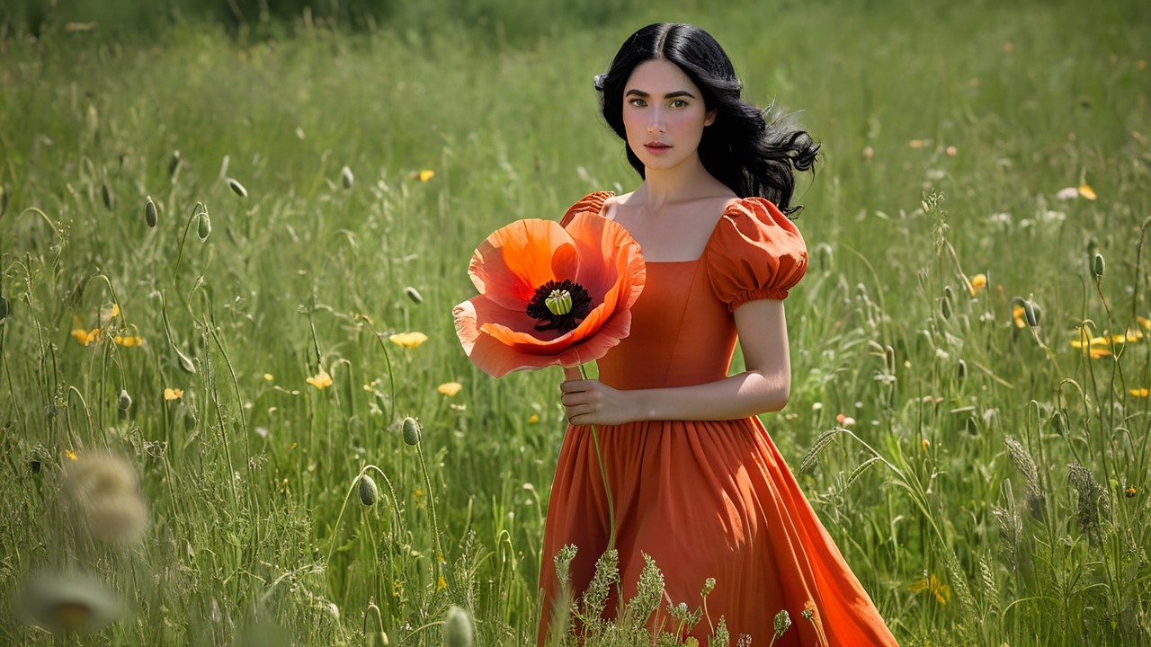 Young Woman in Orange Dress in Wildflower Field
