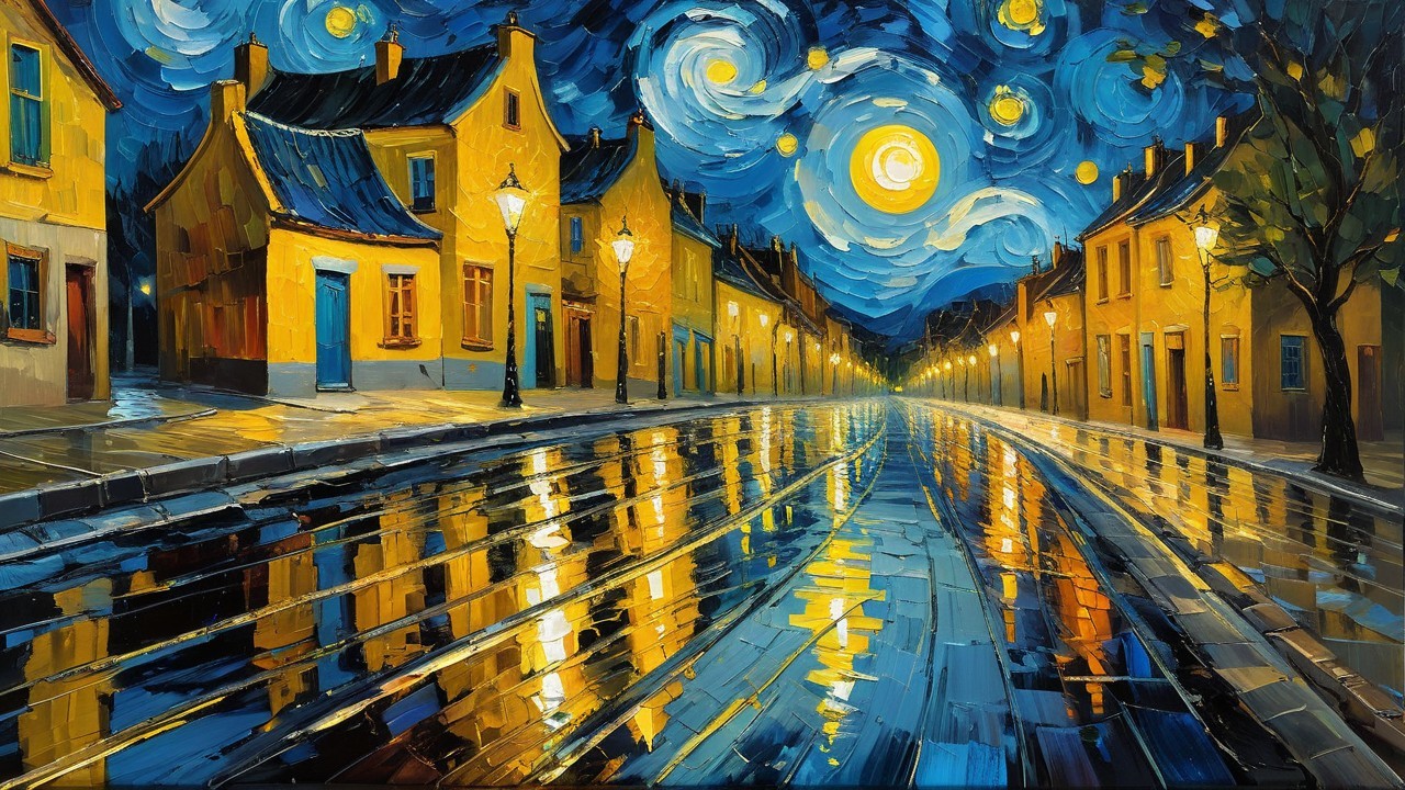 Vibrant Night Sky Over Cozy Houses and Reflective Pavement