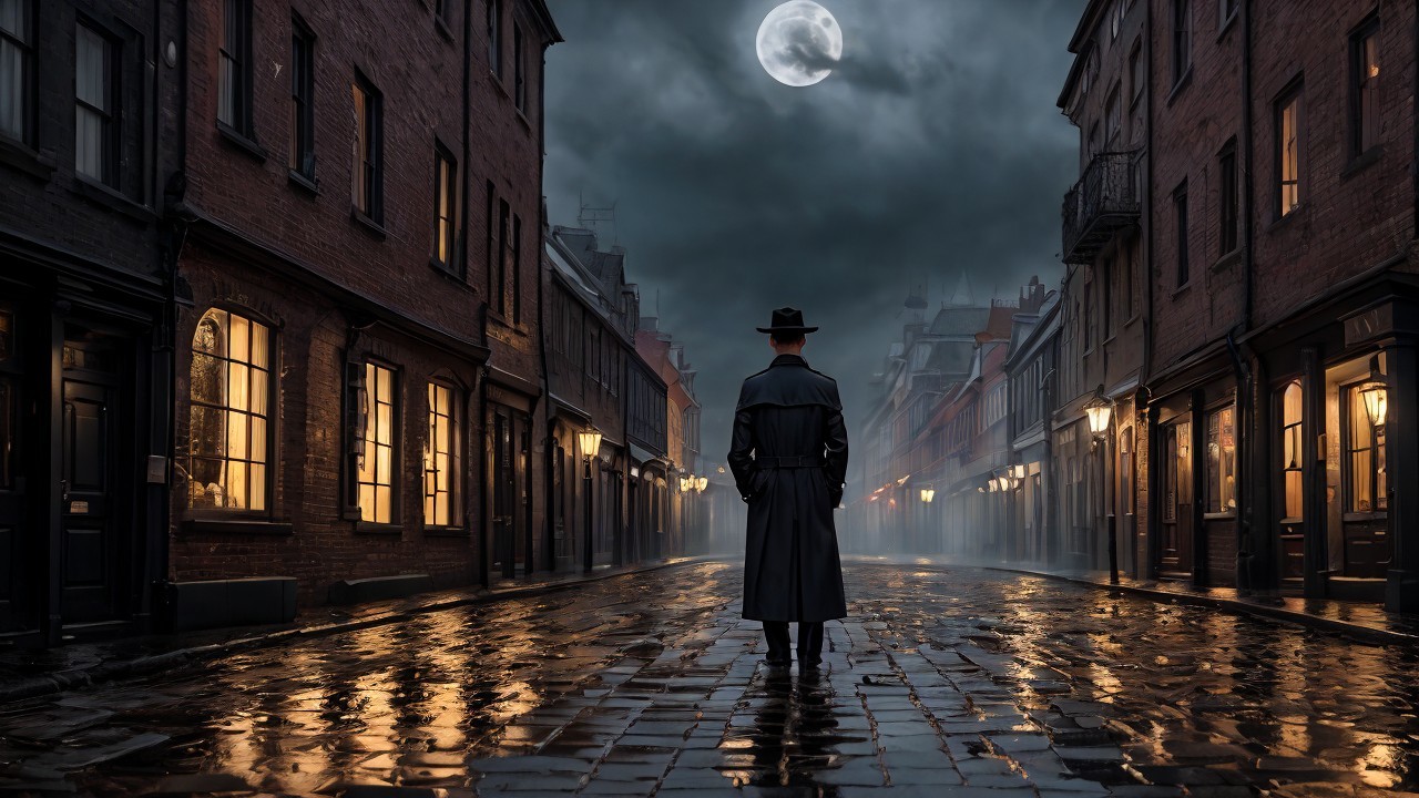 Mysterious Figure on Foggy Cobblestone Street at Night