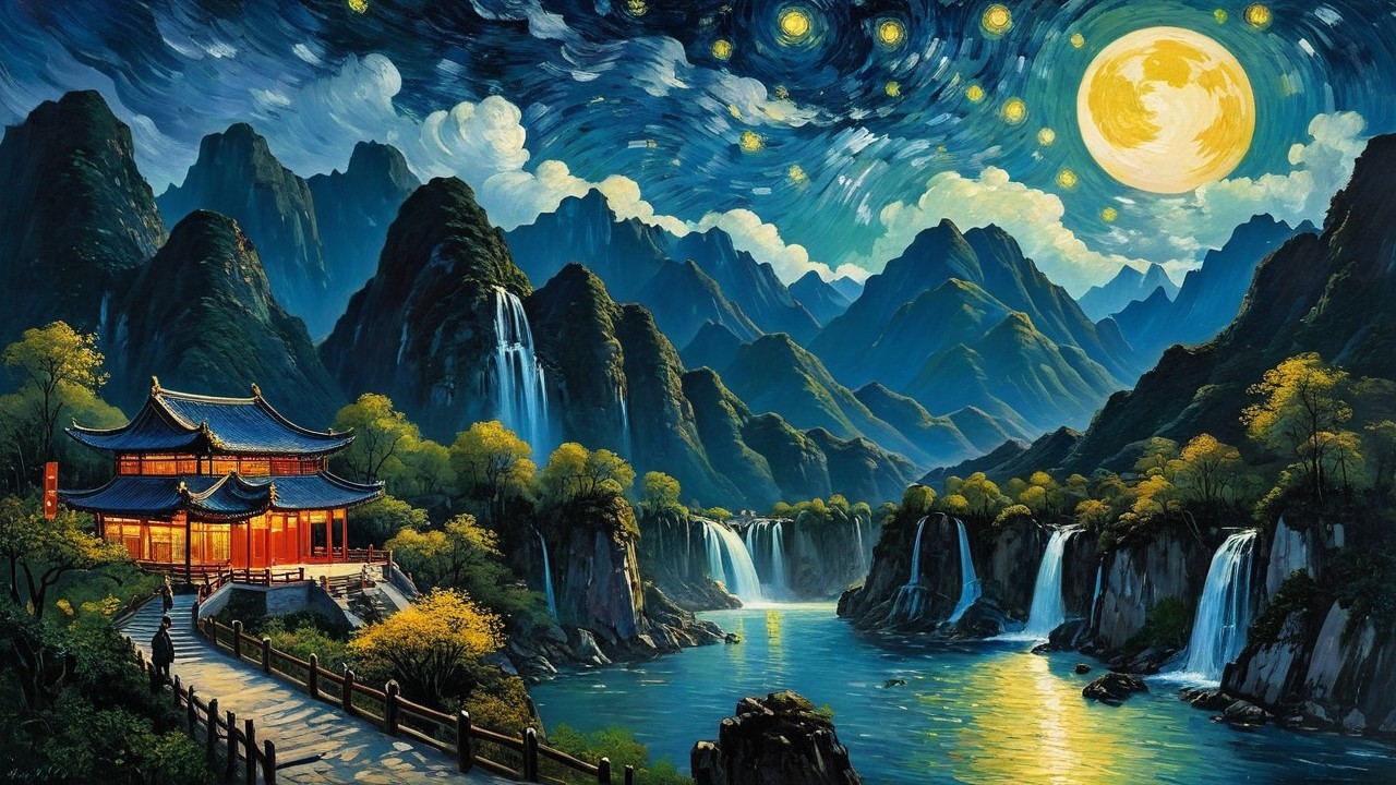 Mountain Valley at Night with Japanese Temple and Waterfalls