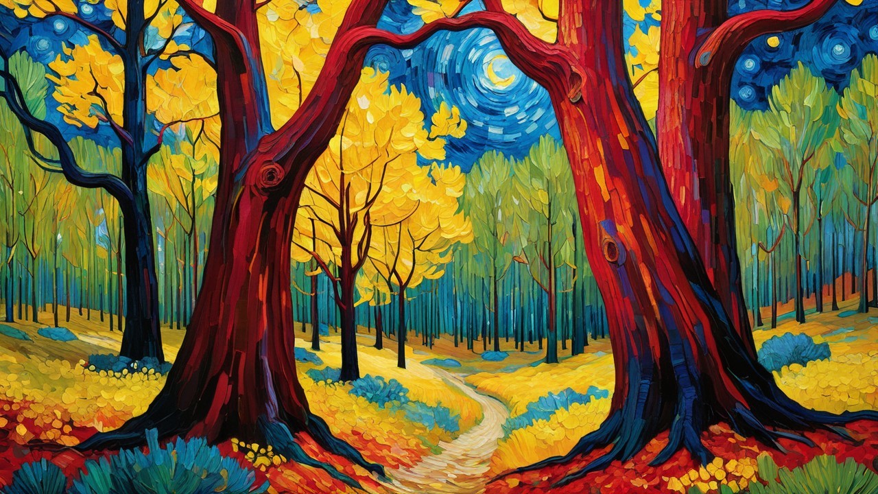 Vibrant Forest Scene with Colorful Trees and Sky