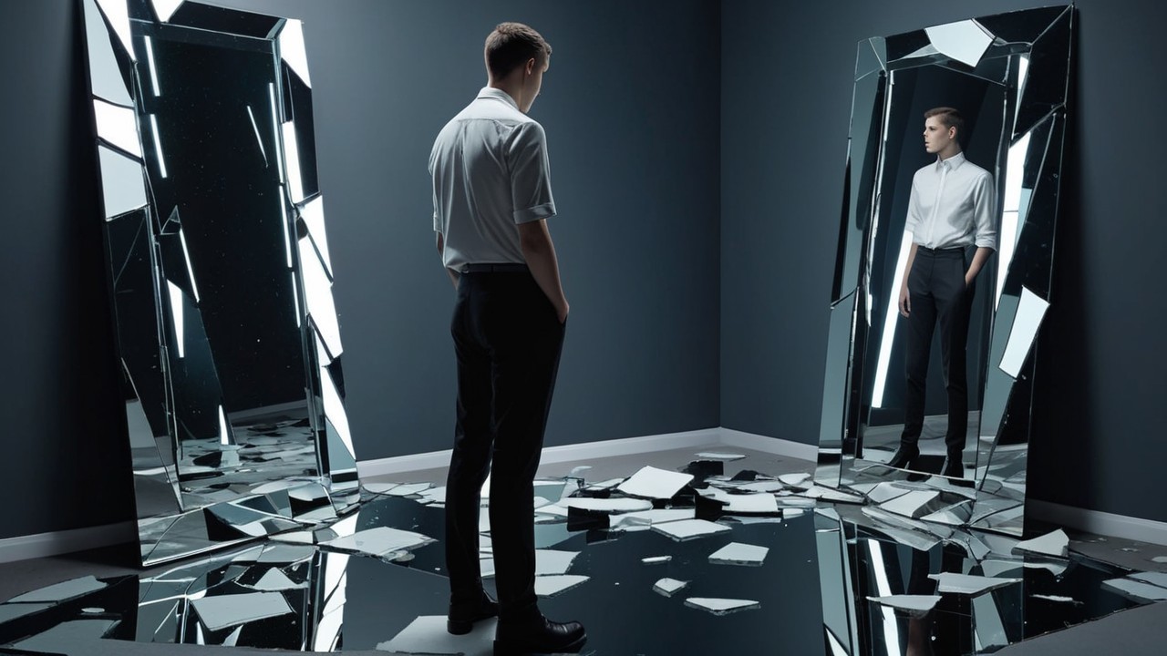 Young man in white shirt among shattered mirrors